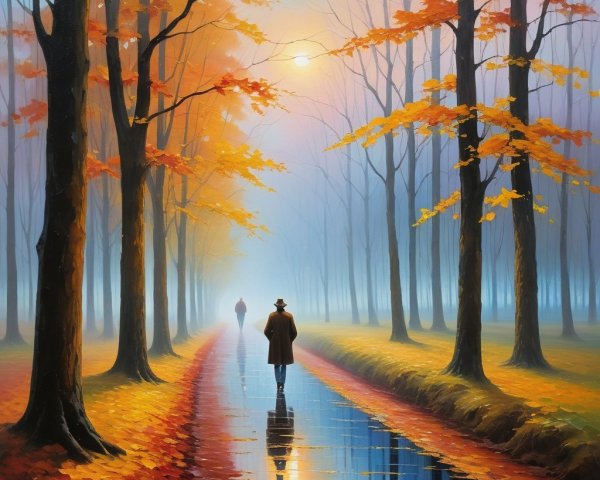 Tranquil Autumn Scene in a Misty Forest Path