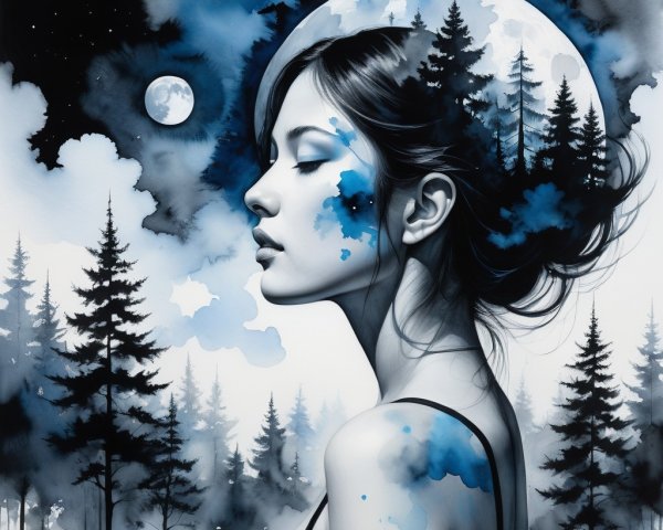 Watercolor Painting of Serene Woman in Moonlit Forest