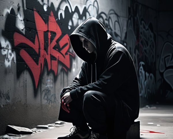 Crouching Figure in Dark Hoodie Against Graffiti Wall