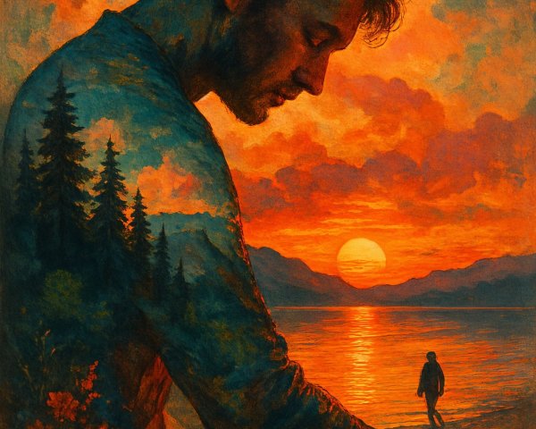 Serene Sunset Reflection with Nature and Figures