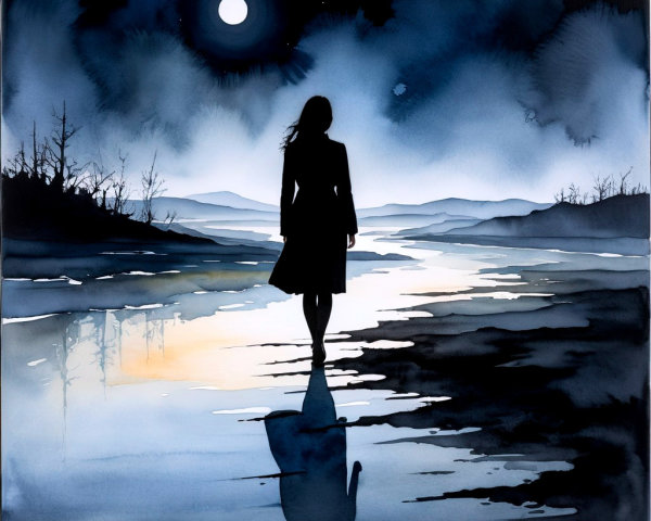 Solitary Figure by Reflective Water Under Moonlight