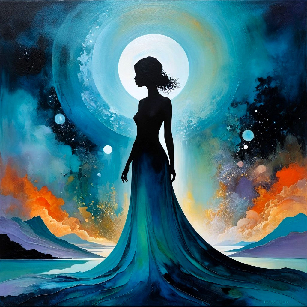 Silhouette of a Woman in Dreamlike Moonlit Scene