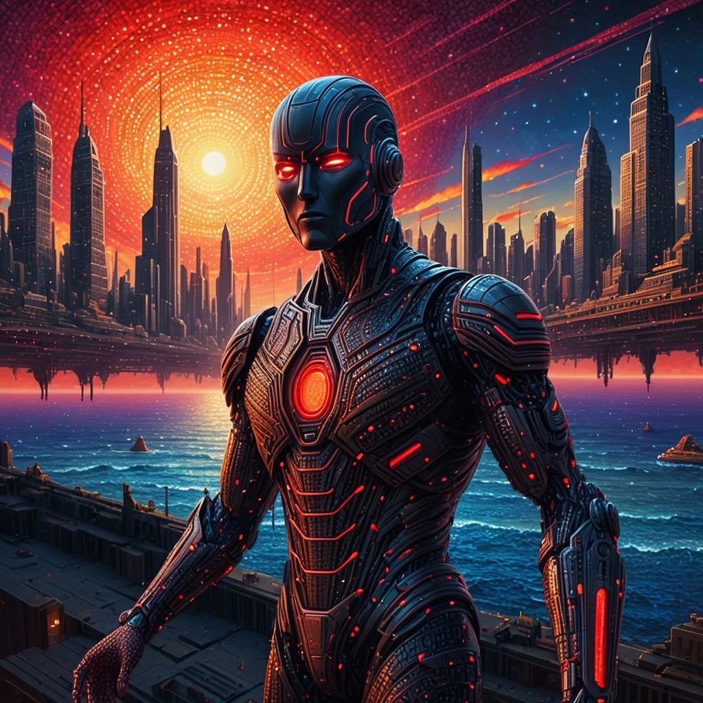 Futuristic Humanoid Robot Against Vibrant City Sunset