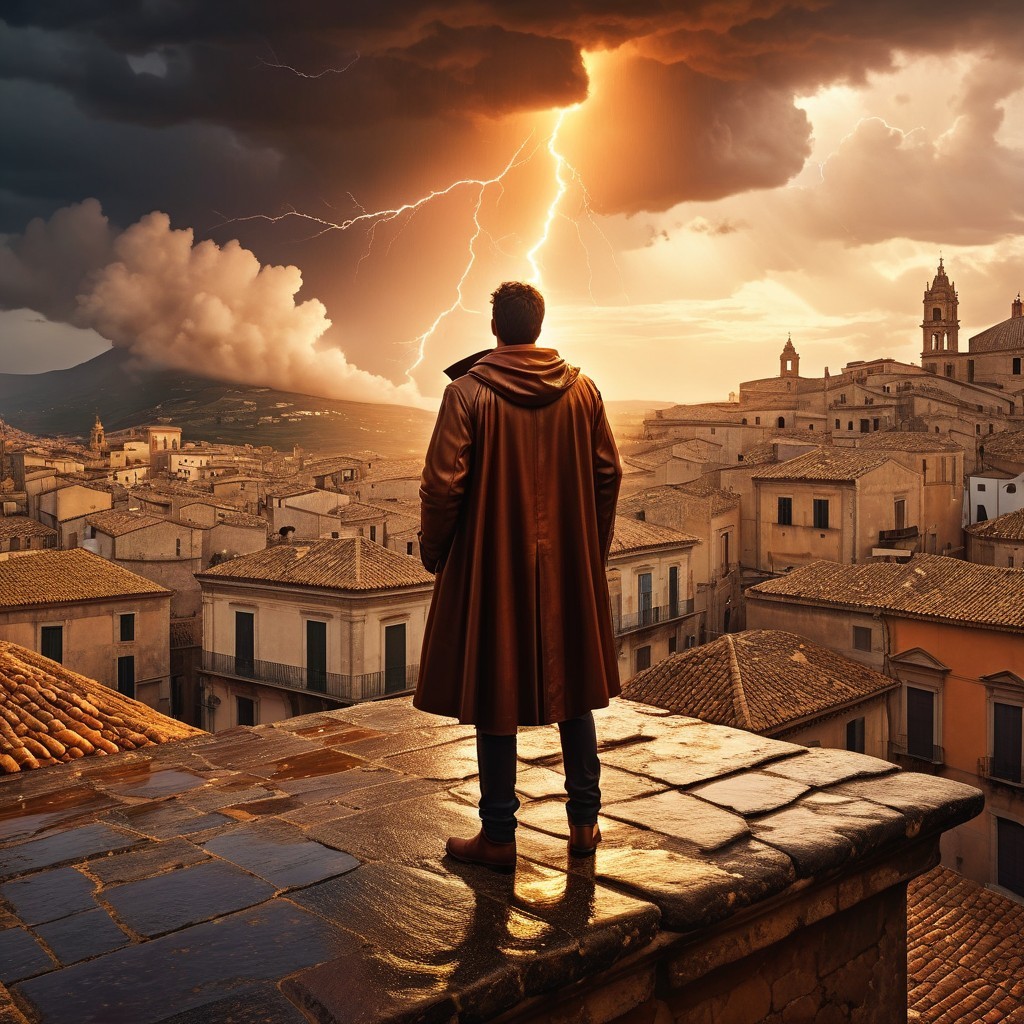 Rooftop View of Medieval Town Under Stormy Skies
