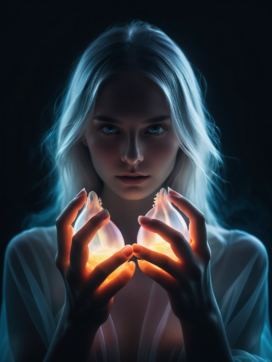 Enchanting figure with luminous orbs against dark backdrop
