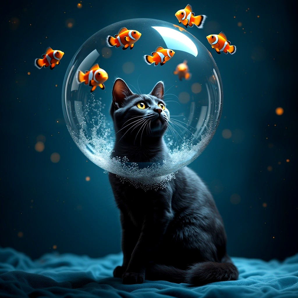 Black Cat in Bubble with Clownfish in Dreamlike Scene