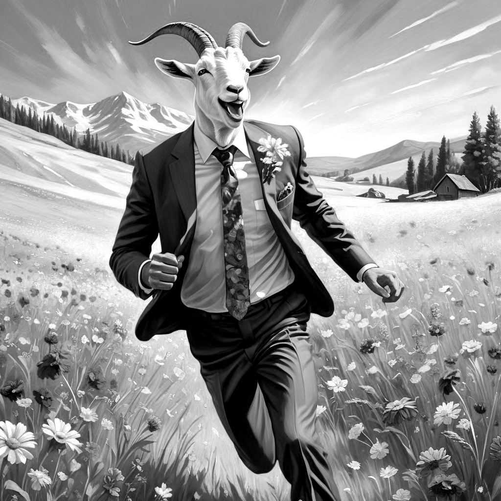 Surreal Black-and-White Scene with Goat-Headed Man