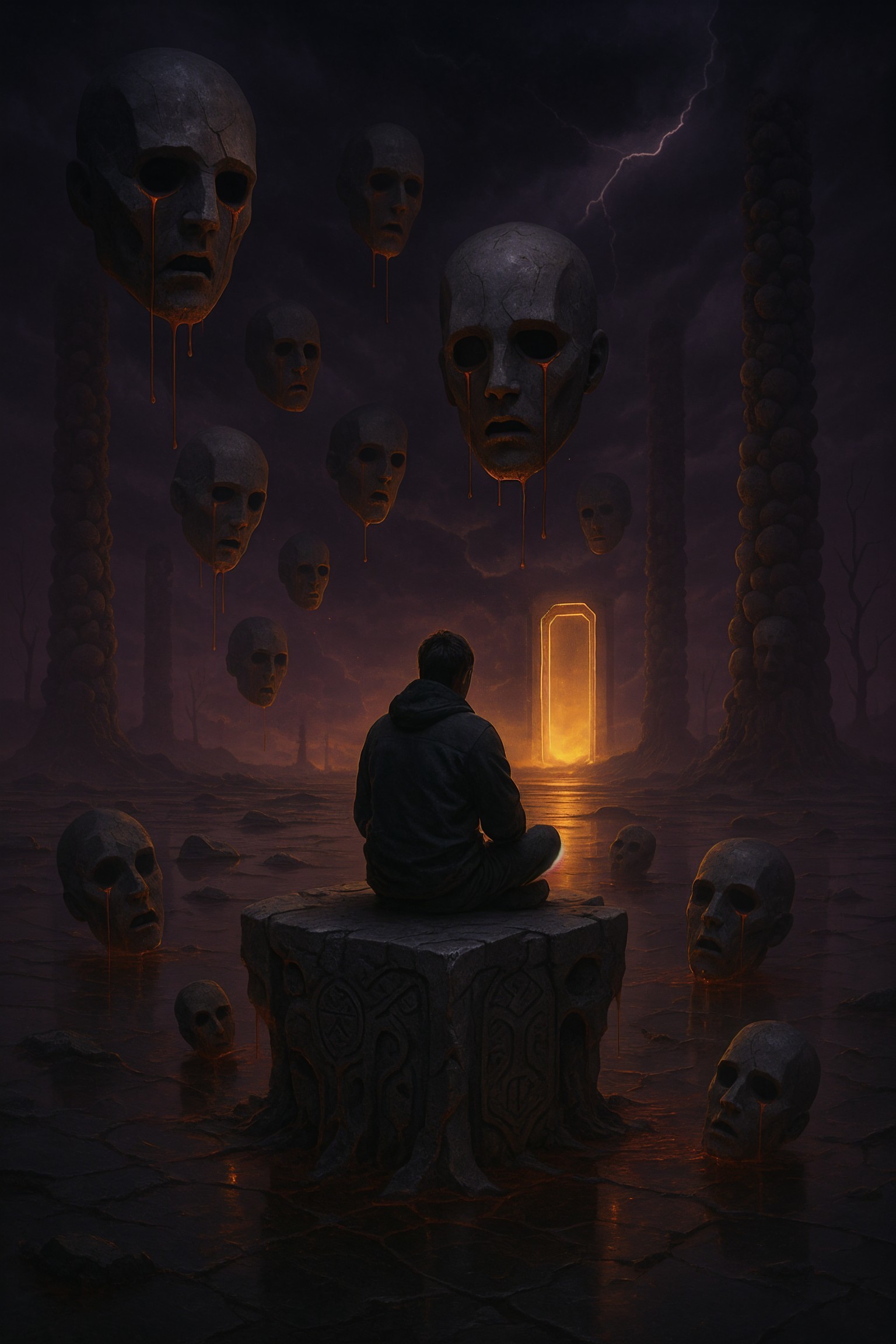 Surreal Landscape with Figure and Eerie Floating Heads