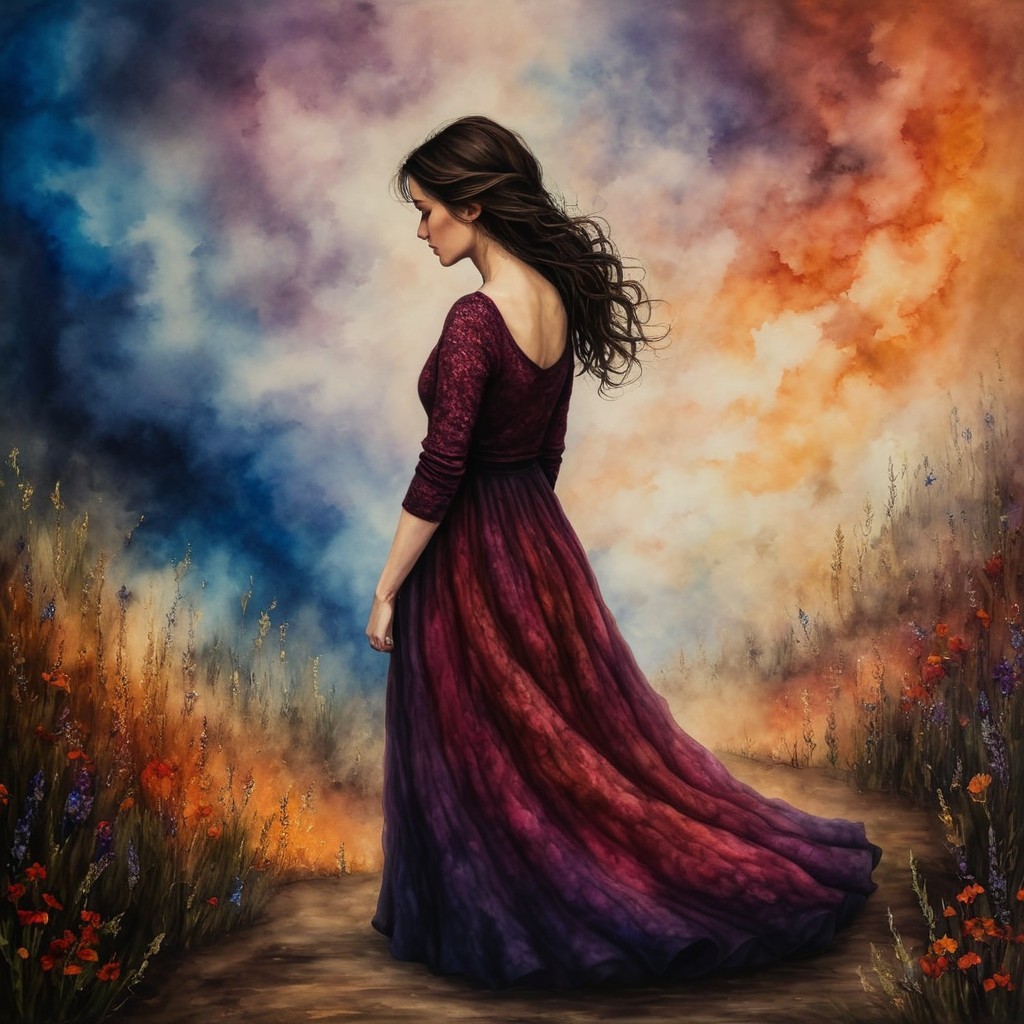 Solitary Woman in Gradient Dress with Vibrant Background
