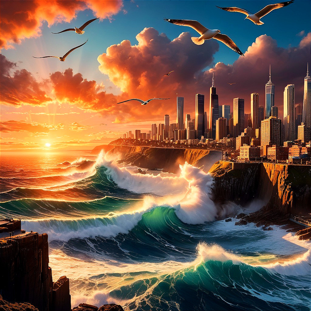Sunset Over City Skyline with Waves and Seagulls