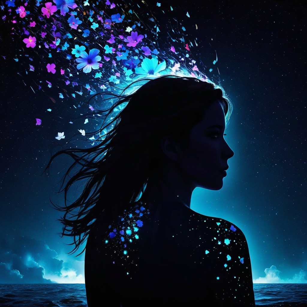 Silhouette of a Woman with Starry Background and Flowers