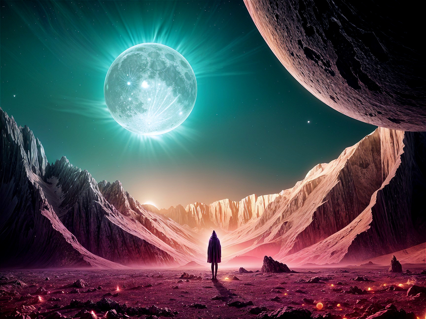 Lone Figure on Alien Landscape Under Radiant Moon