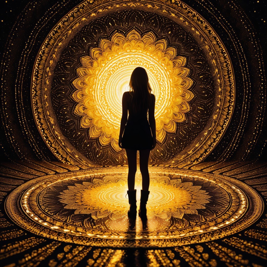 Silhouette of Woman Against Golden Mandala Pattern