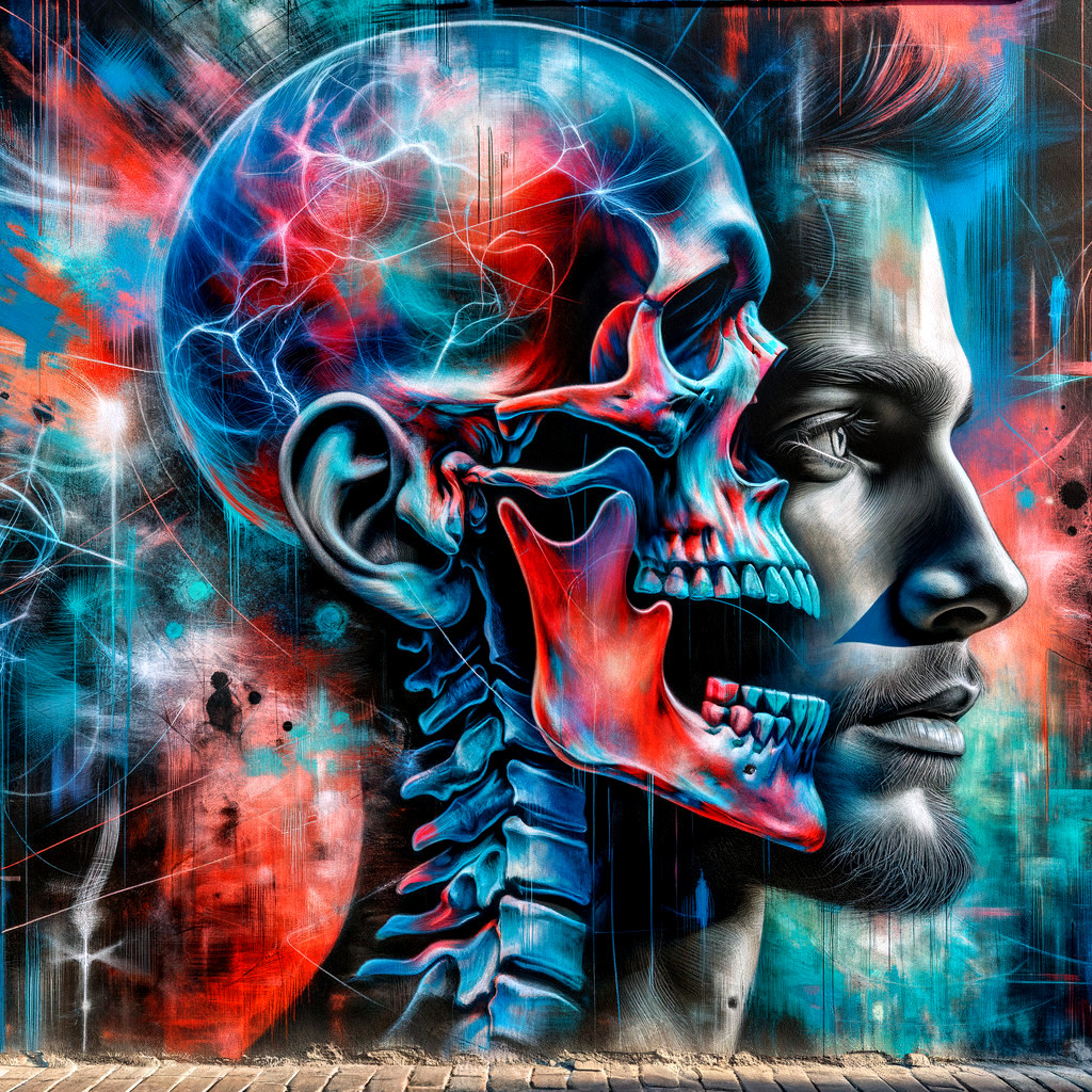 Vibrant Graffiti Mural of Skull and Human Profile