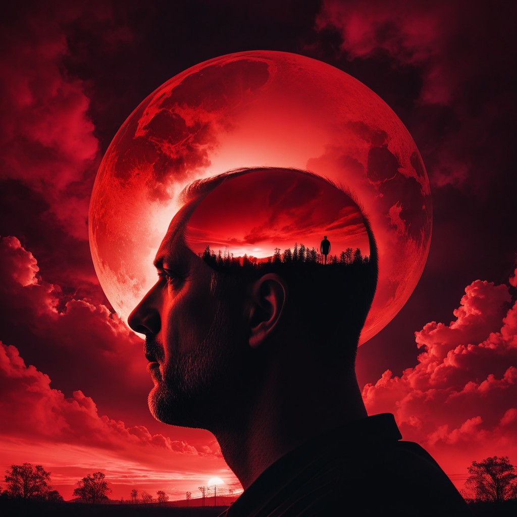 Silhouette of a man's profile with surreal landscape inside