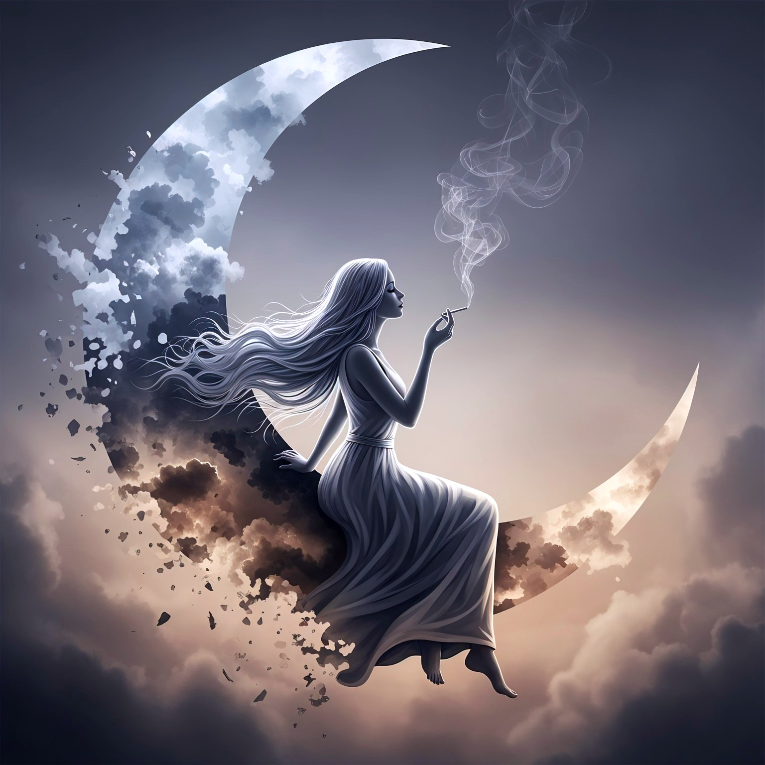 Serene figure on crescent moon with flowing dress