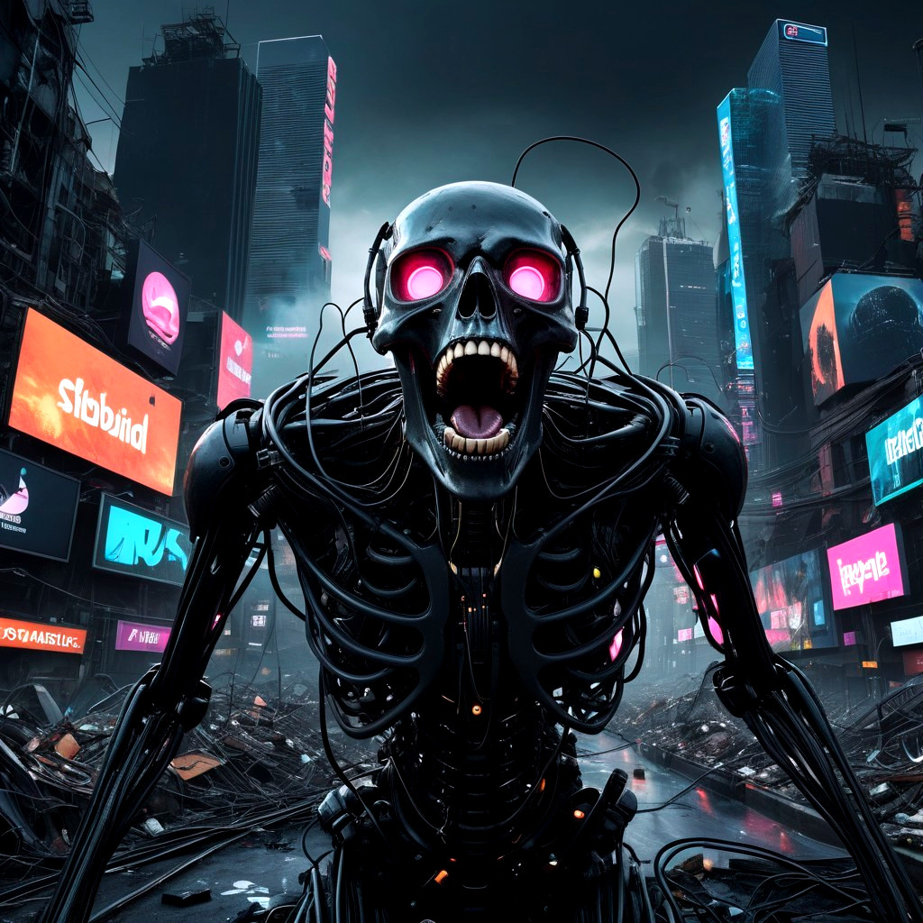 Futuristic Skeleton in a Neon-Lit Urban Landscape