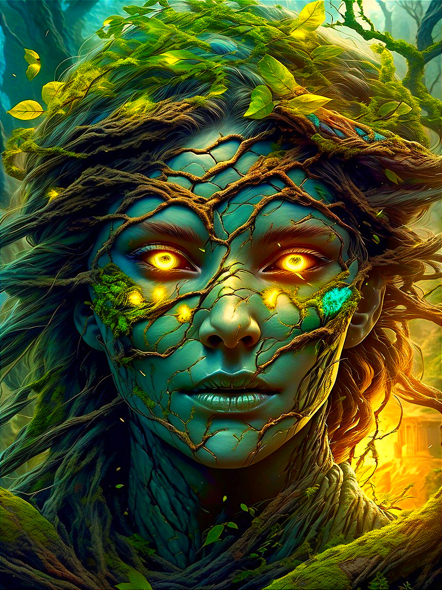 Mystical figure in enchanted woodland with glowing eyes