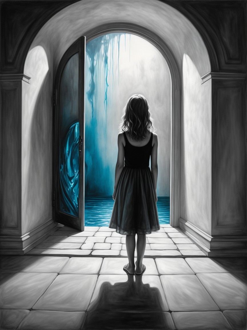 Young girl at open doorway with ethereal blue light