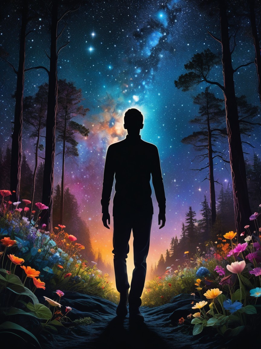 Contemplative figure in a vibrant twilight forest