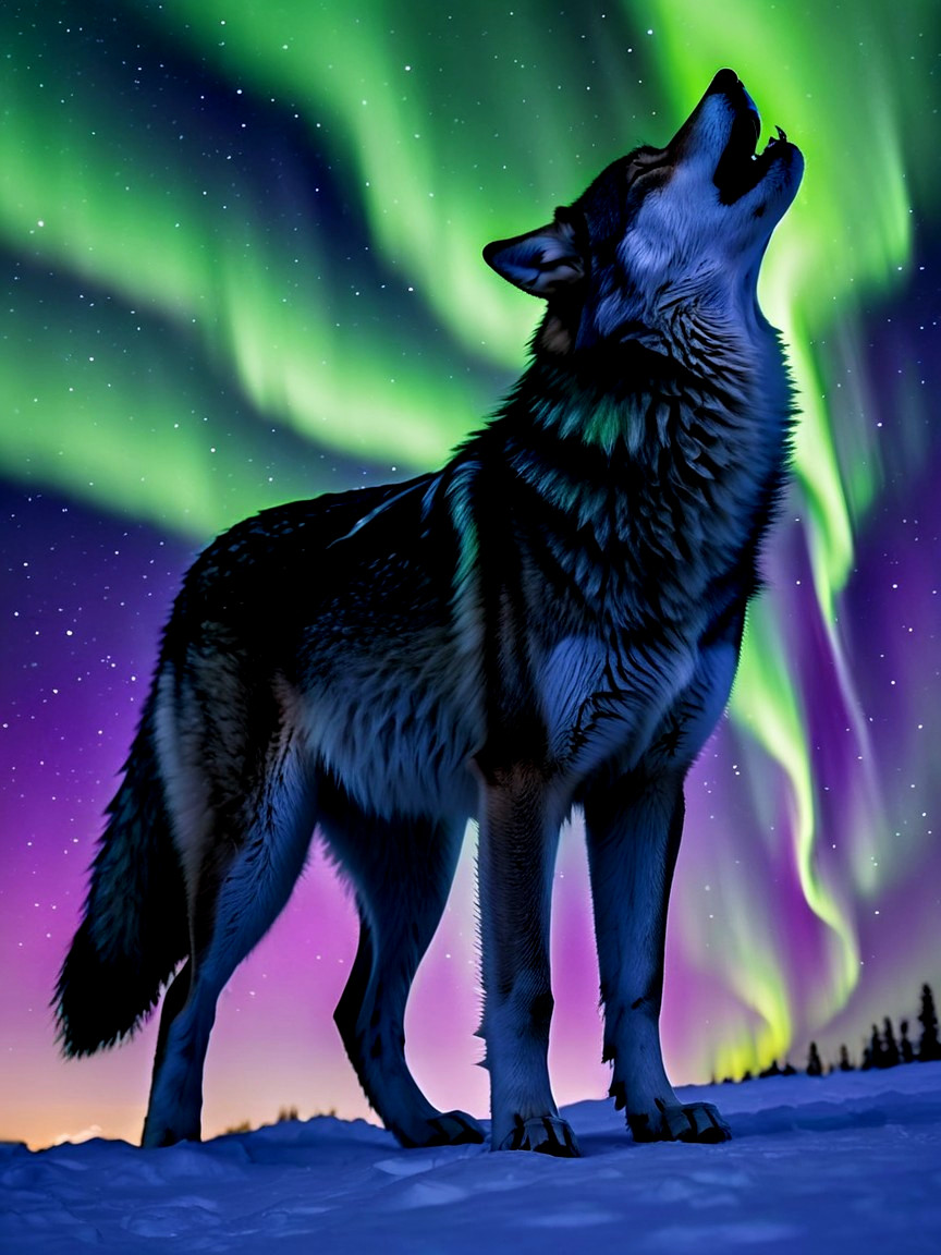 Wolf Howling Under Northern Lights in Starry Sky