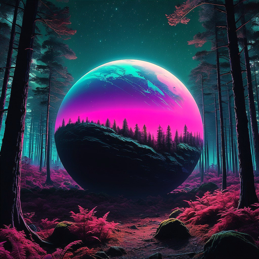 Surreal Landscape with Glowing Earth Orb and Trees