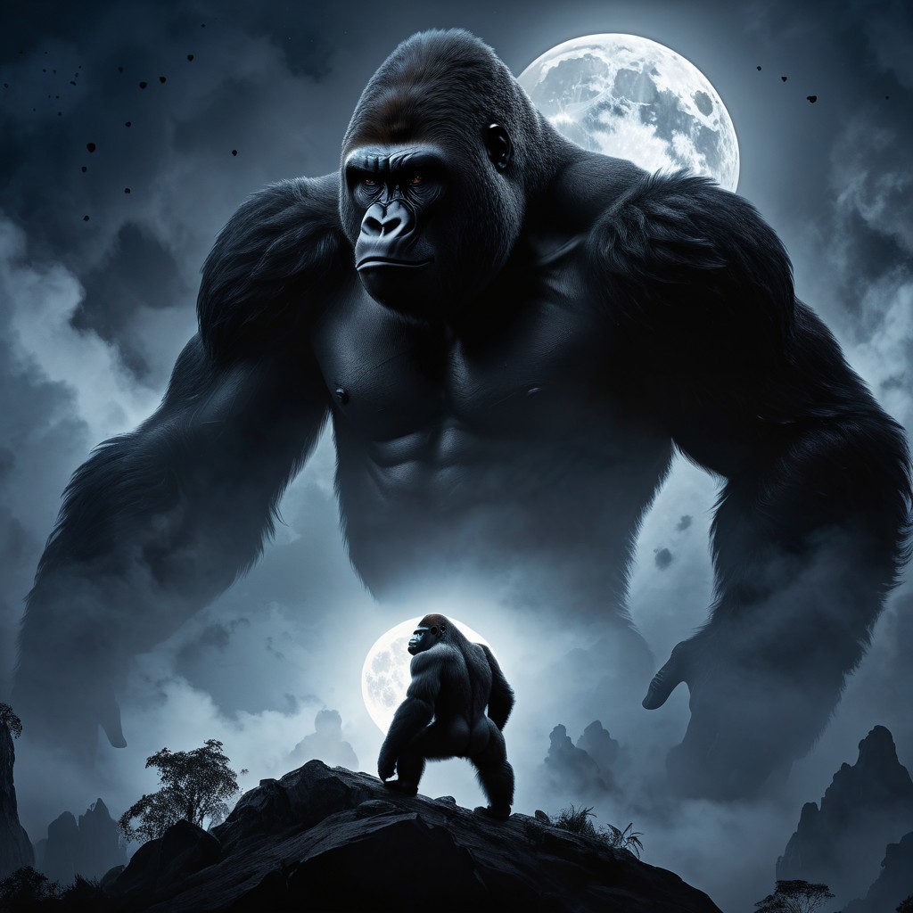 Gorillas in a Moonlit Scene with Dramatic Contrast