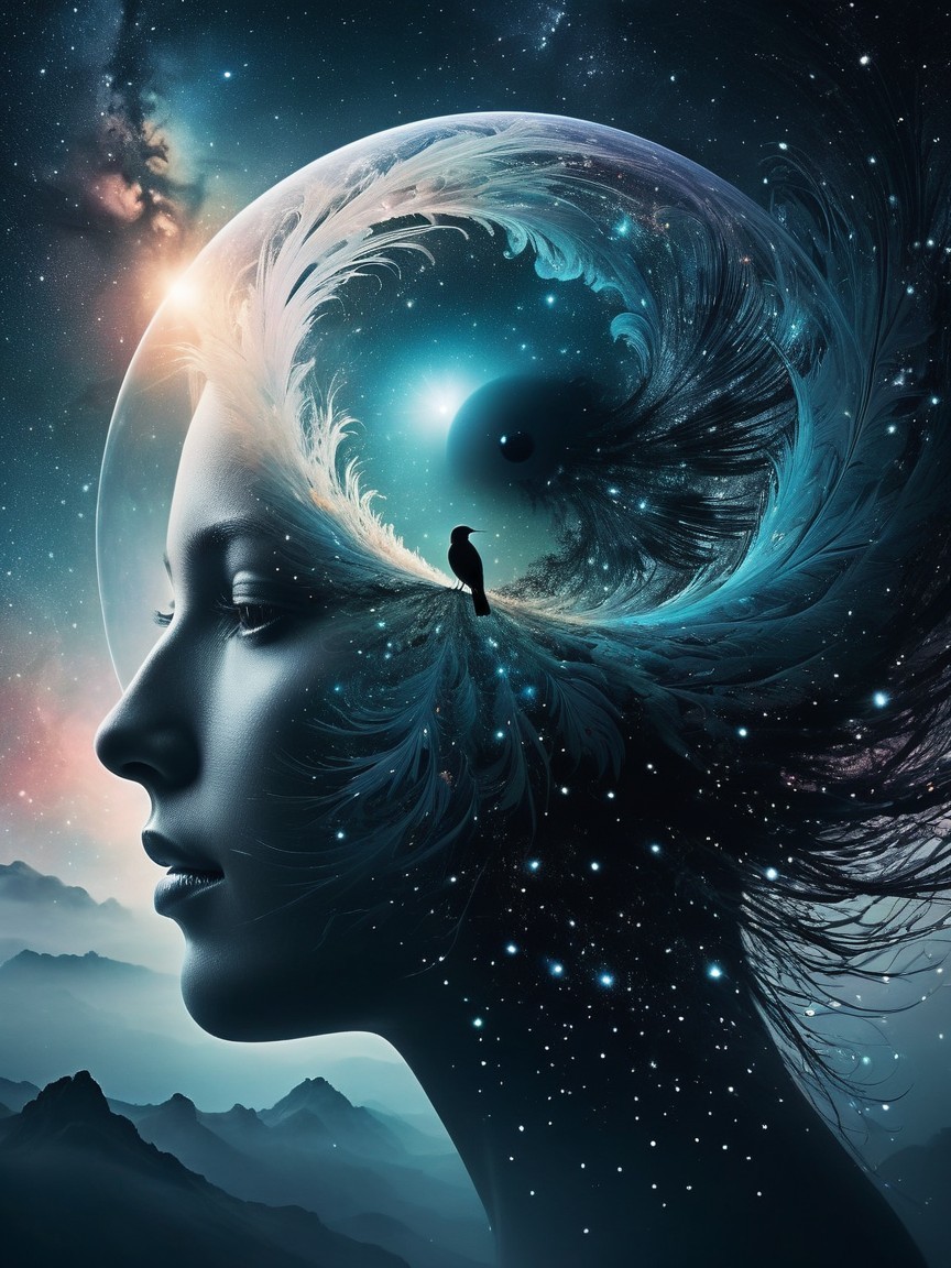 Ethereal Woman with Cosmic Hair in Mountainous Landscape