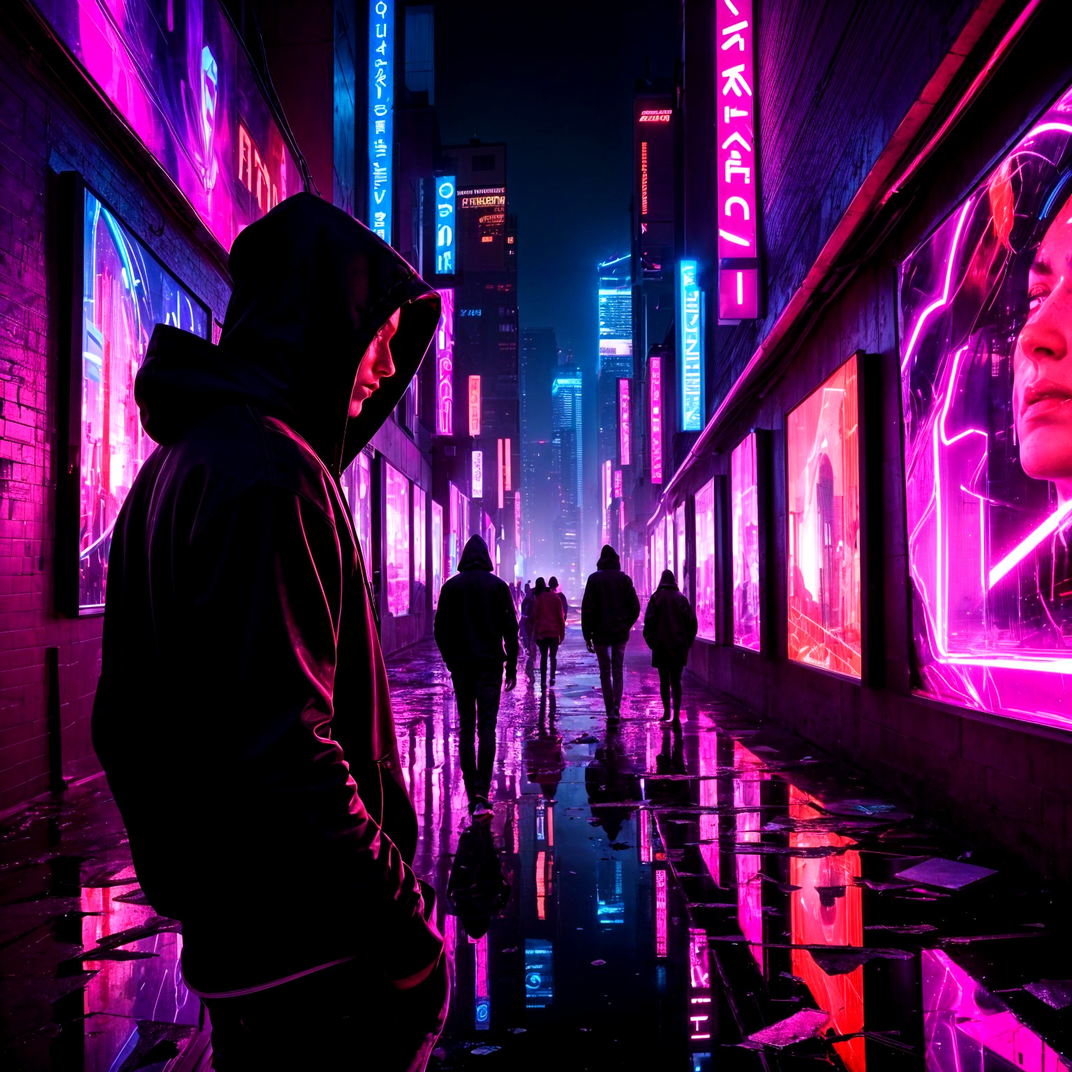 Hooded Figure in Neon-Lit Urban Alley Scene