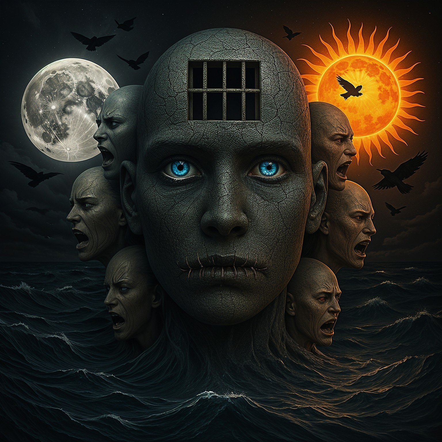 Surreal Artwork of Colossal Face with Distorted Figures
