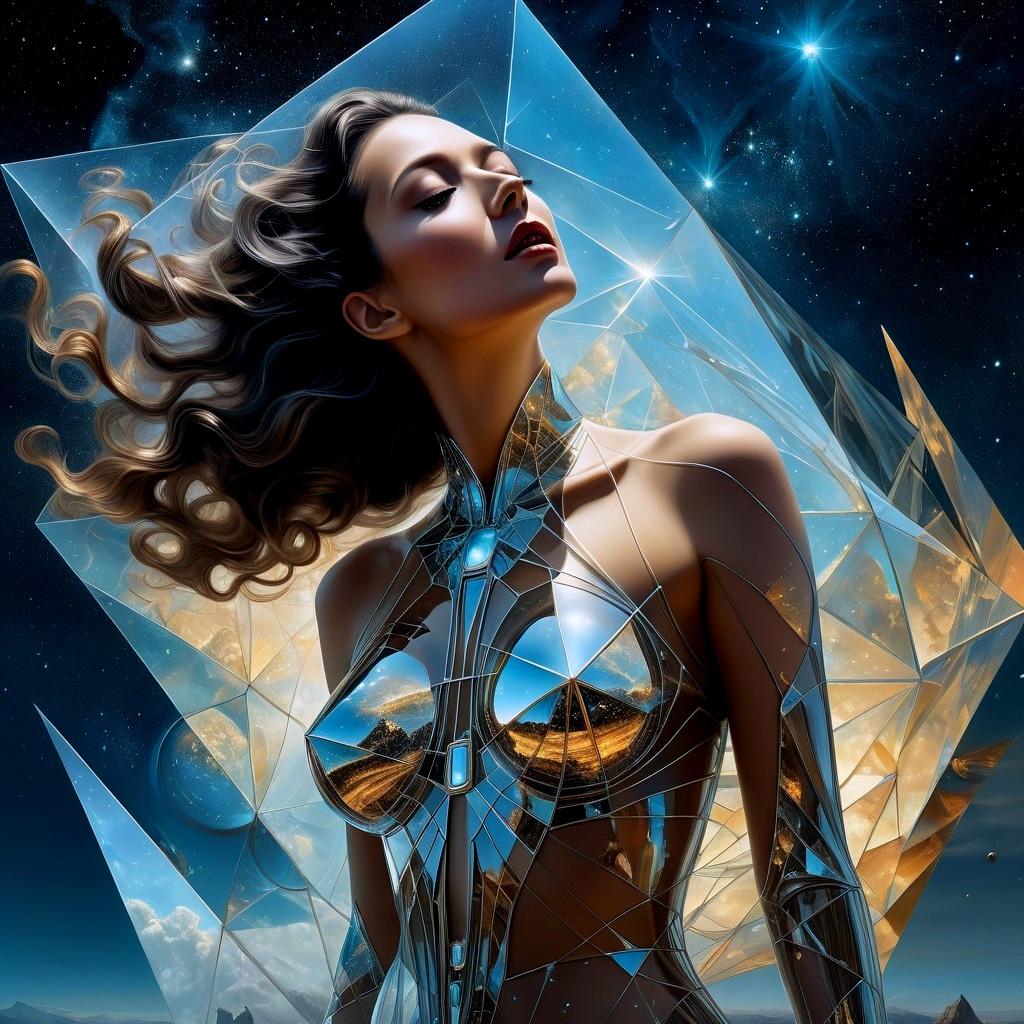 Futuristic figure in cosmic backdrop with metallic patterns