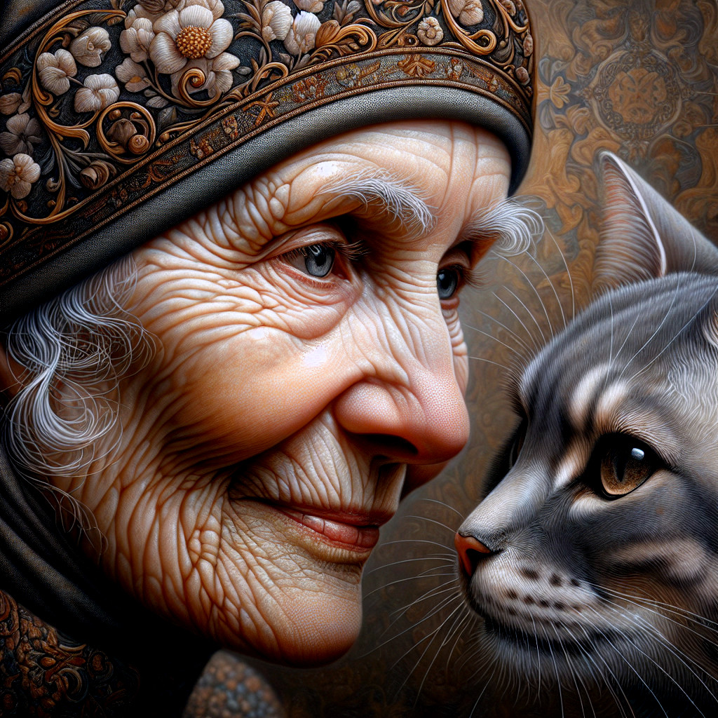 Elderly Woman with Cat Against Floral Background