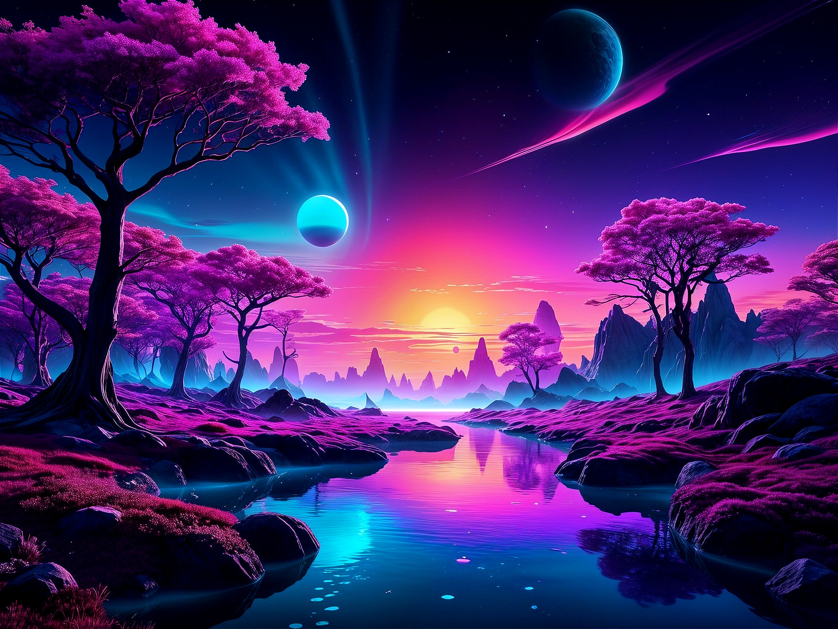 Vibrant Alien Landscape with Mountains and Water