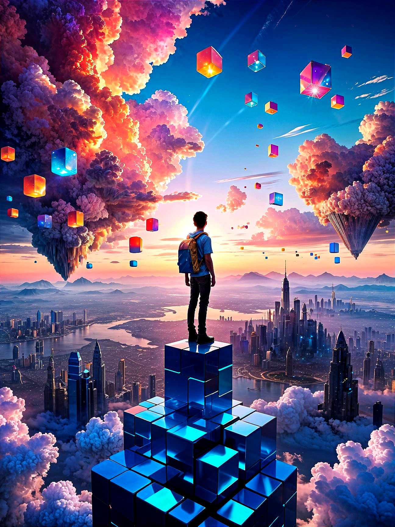Lone Figure on Blue Cubes Over Futuristic Cityscape
