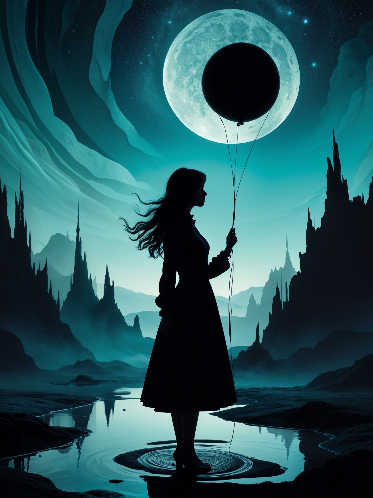Silhouette of a girl by water with mountains and moon