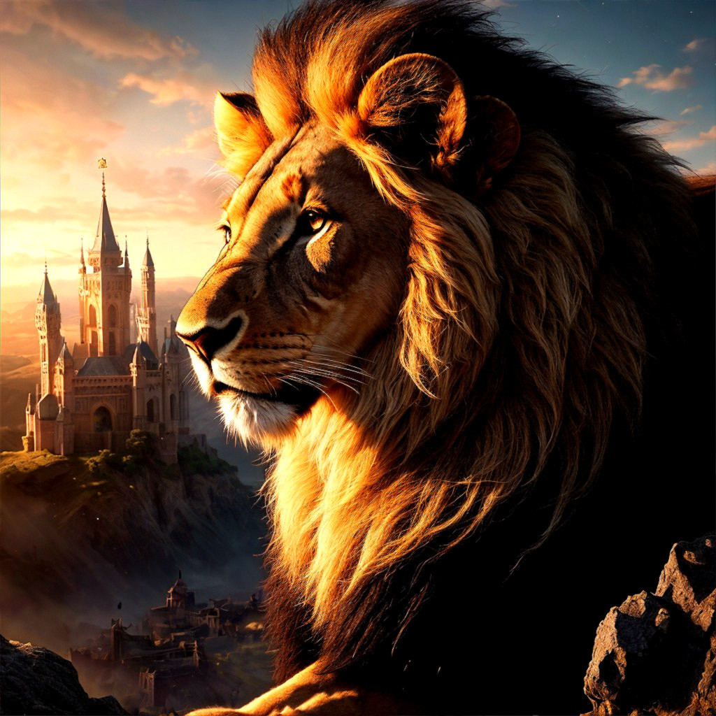 Lion with Golden Mane and Enchanting Castle at Sunset