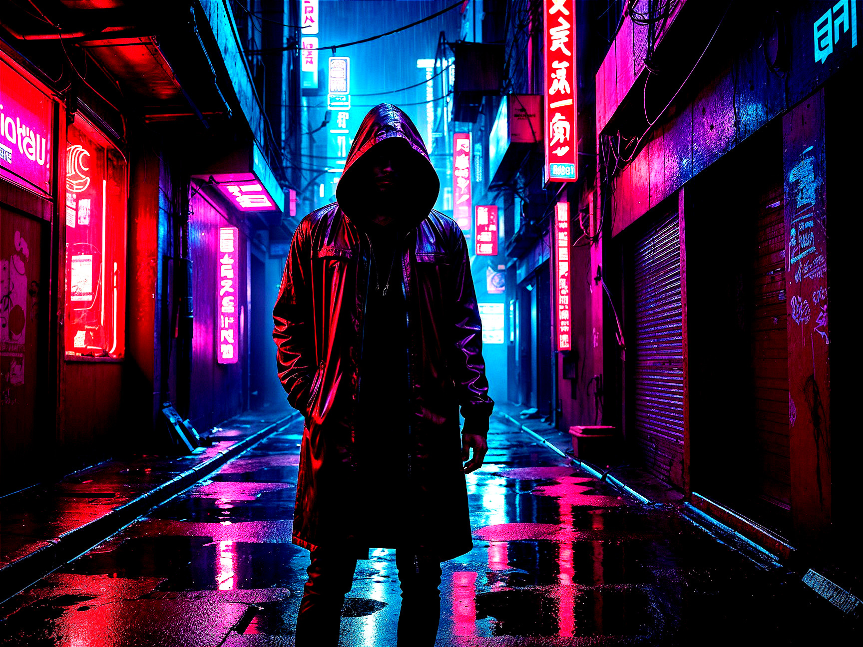 Futuristic Urban Alley with Neon Lights and Shadows