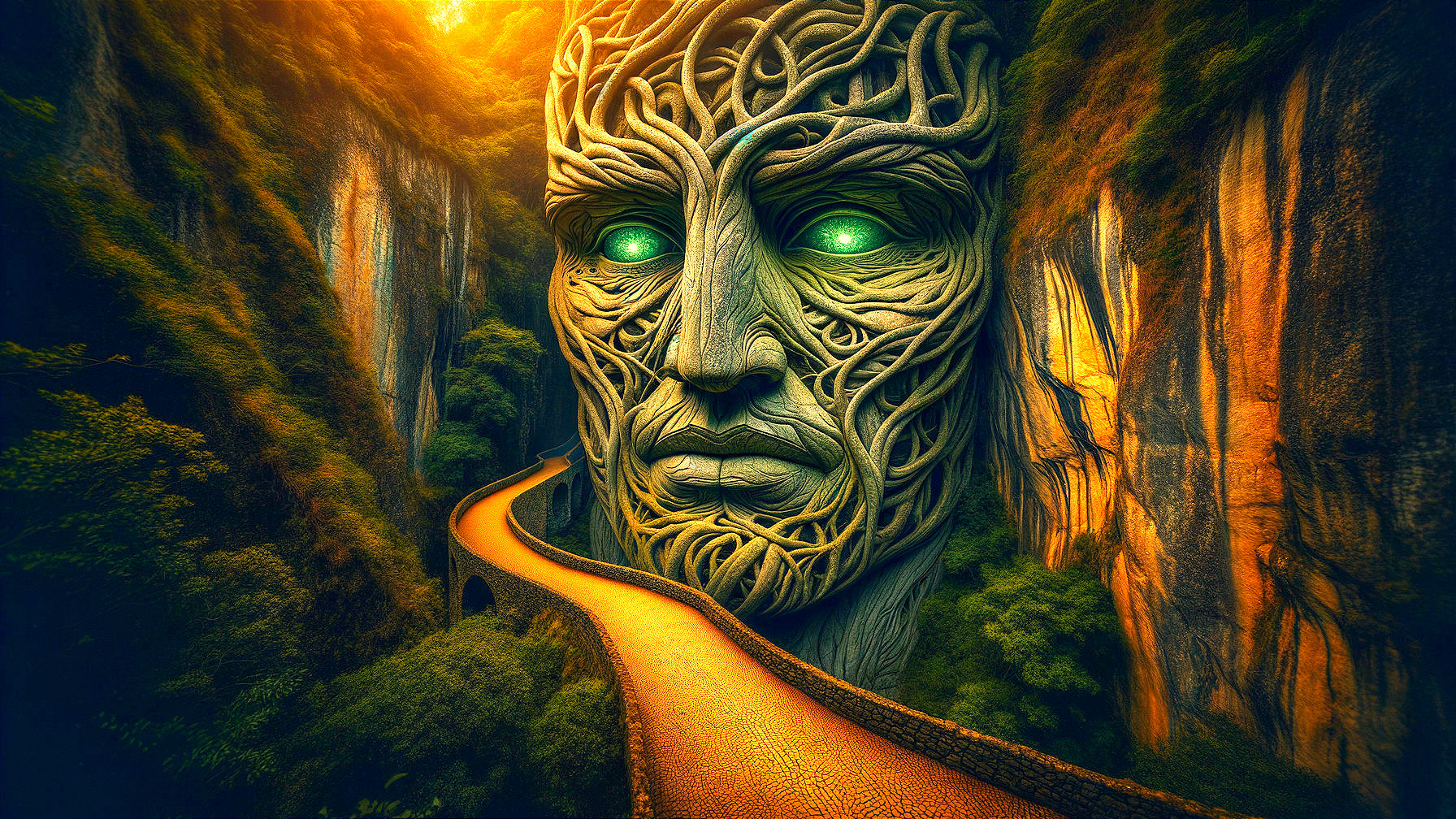 Surreal Landscape with Stone Face and Golden Pathway