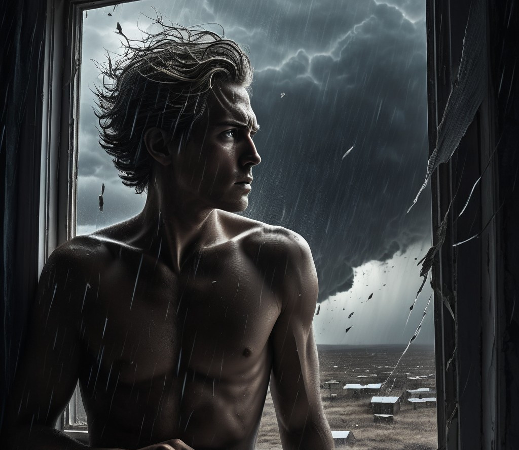 Young man by shattered window during a storm