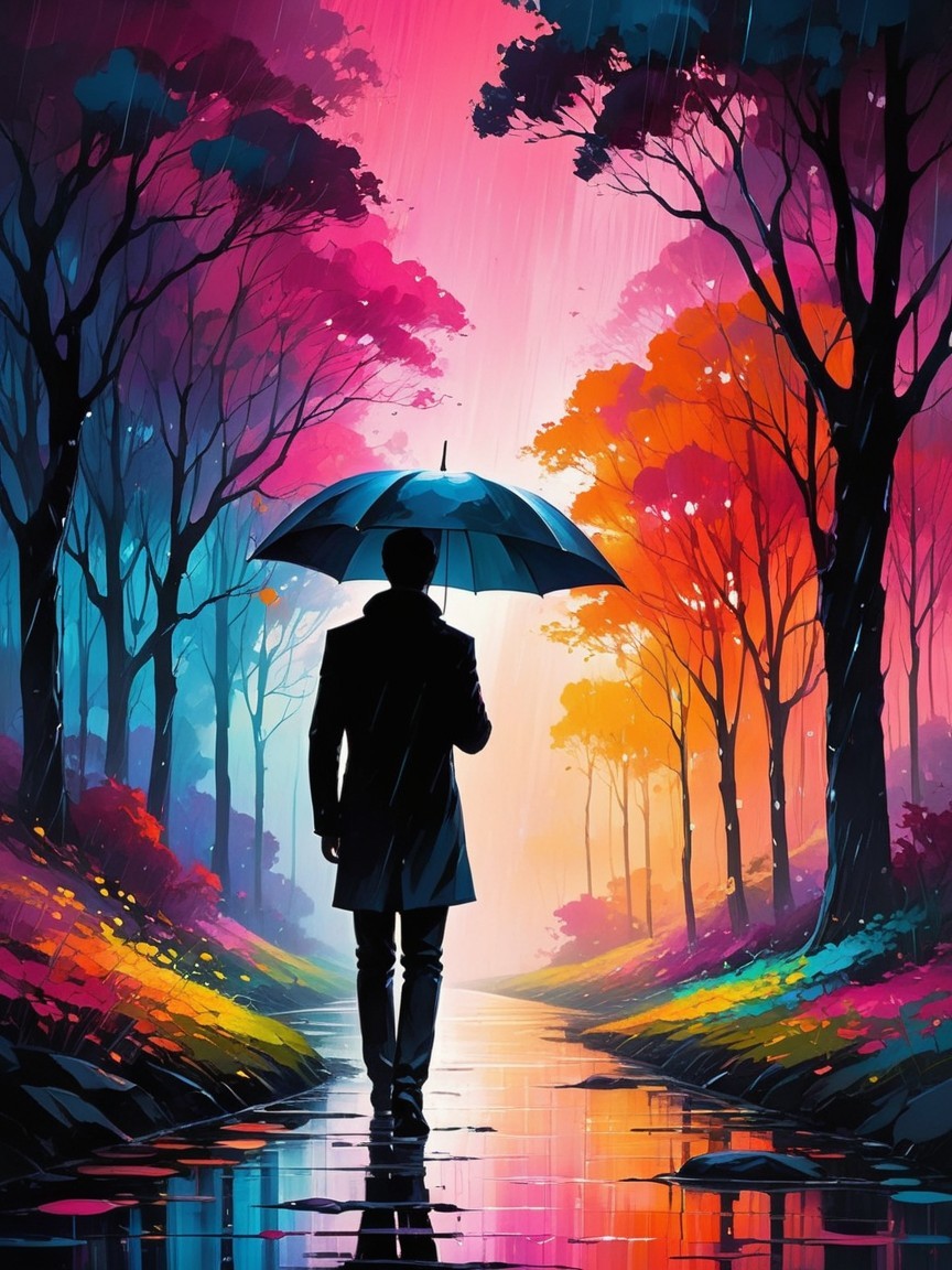 Vibrant Rain-Soaked Path with Colorful Trees and Umbrella