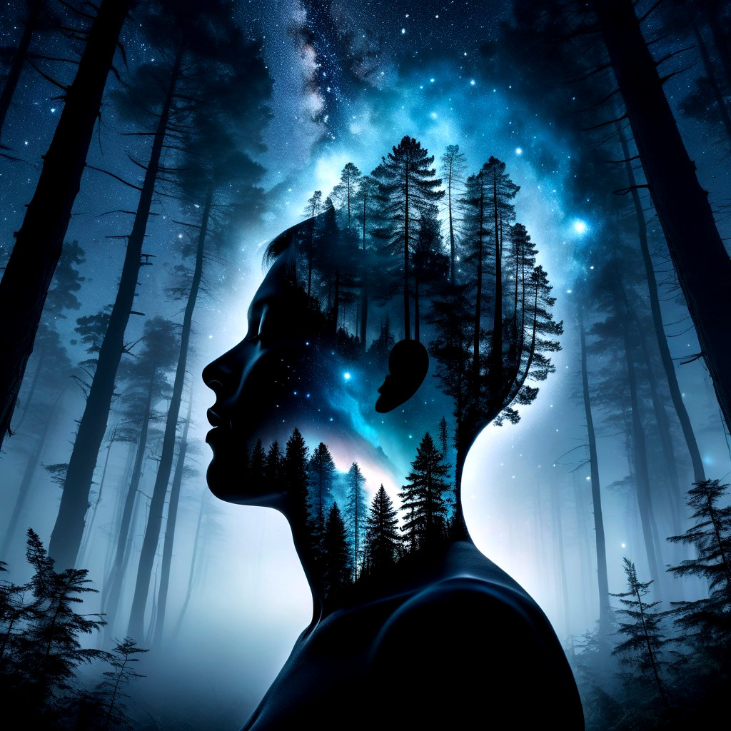 Human Silhouette Merging with Forest and Night Sky