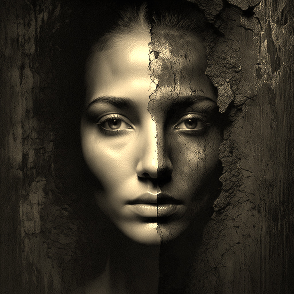 Dual-toned face with textured cracked surfaces