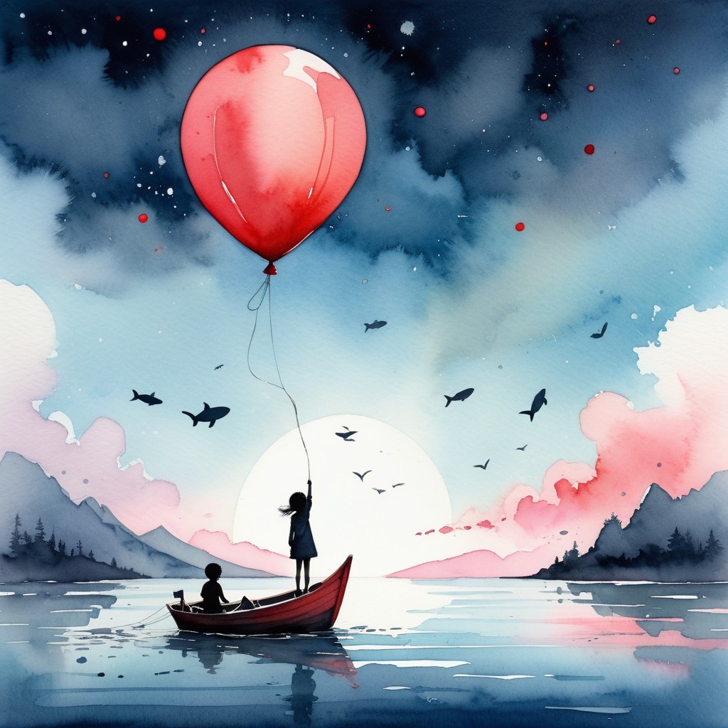 Watercolor Scene of Children in Boat at Sunset