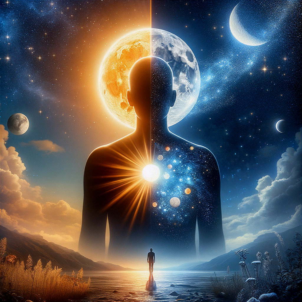 Silhouette by Water with Cosmic Sunset and Night Sky