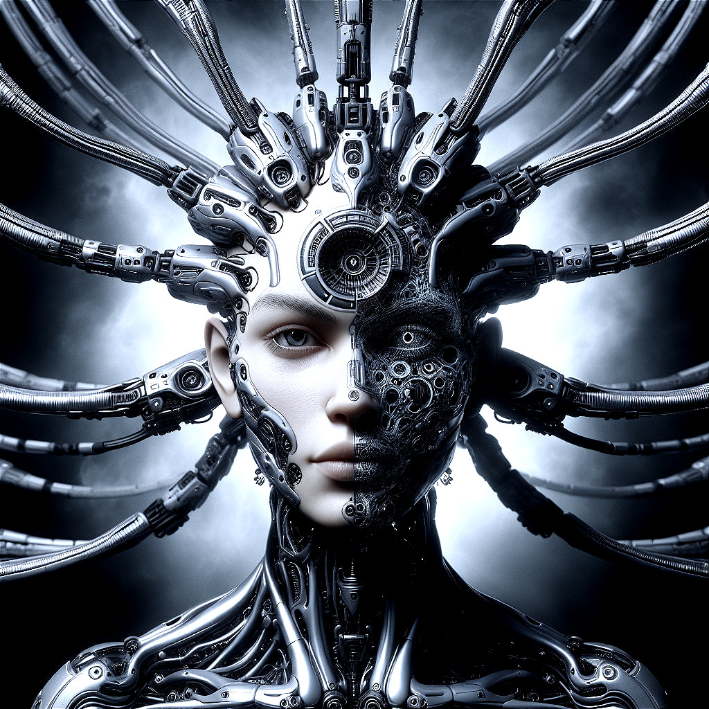 Futuristic Cyborg Figure with Human-Machine Features