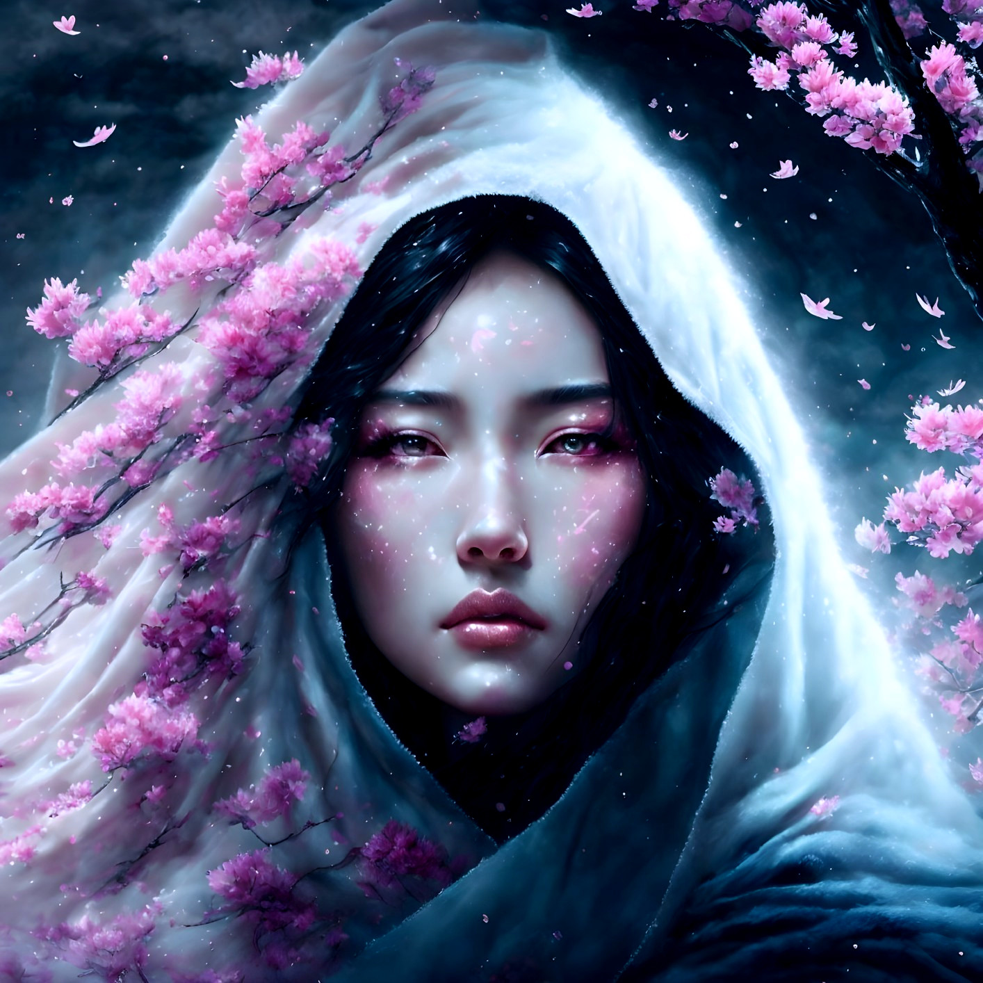 Serene figure in a mystical cherry blossom backdrop