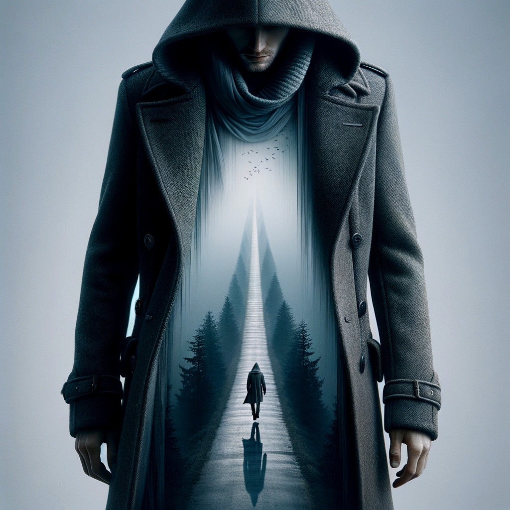 Mysterious Figure in Dark Coat in Surreal Landscape