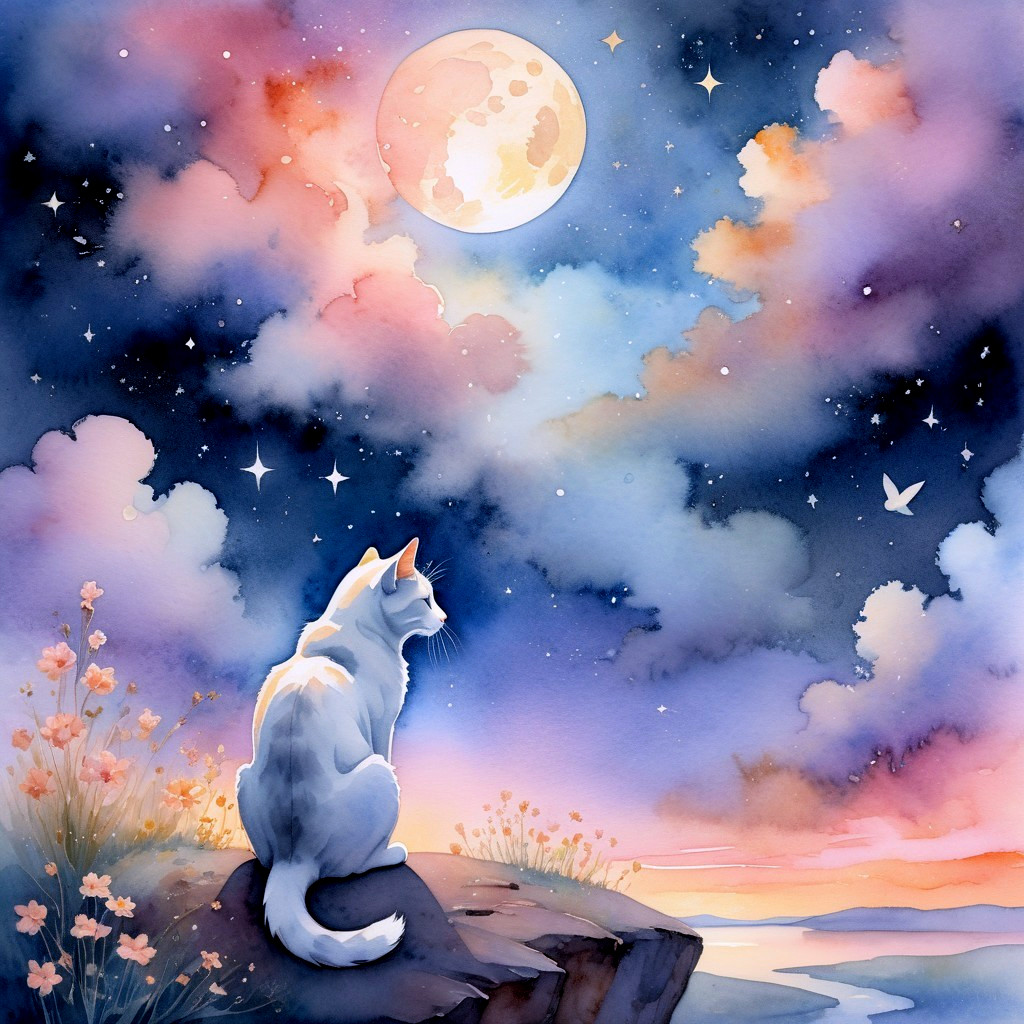 White Cat on Rock Under Full Moon and Stars