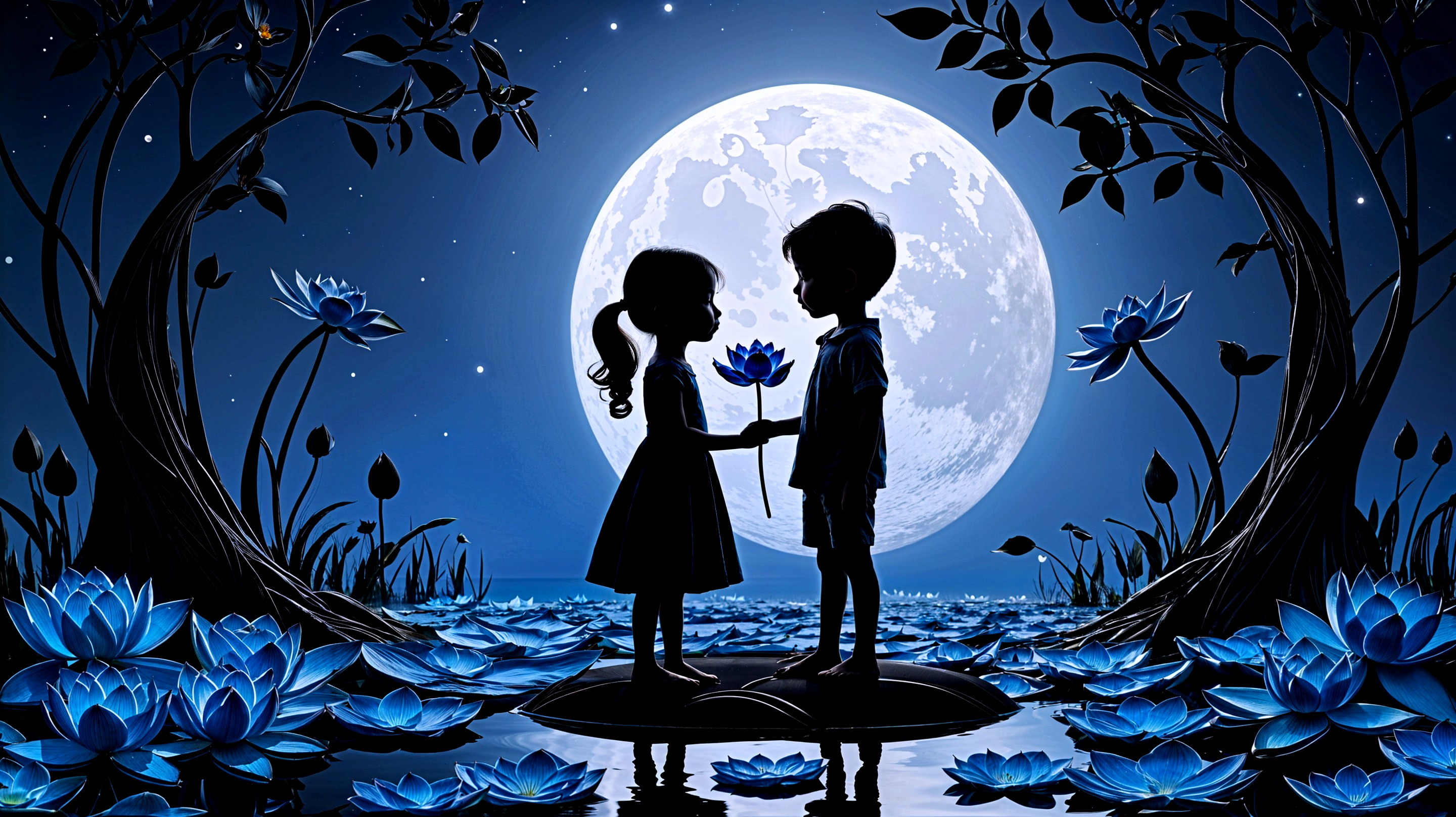Children Exchanging Blue Lotus Under Full Moonlight
