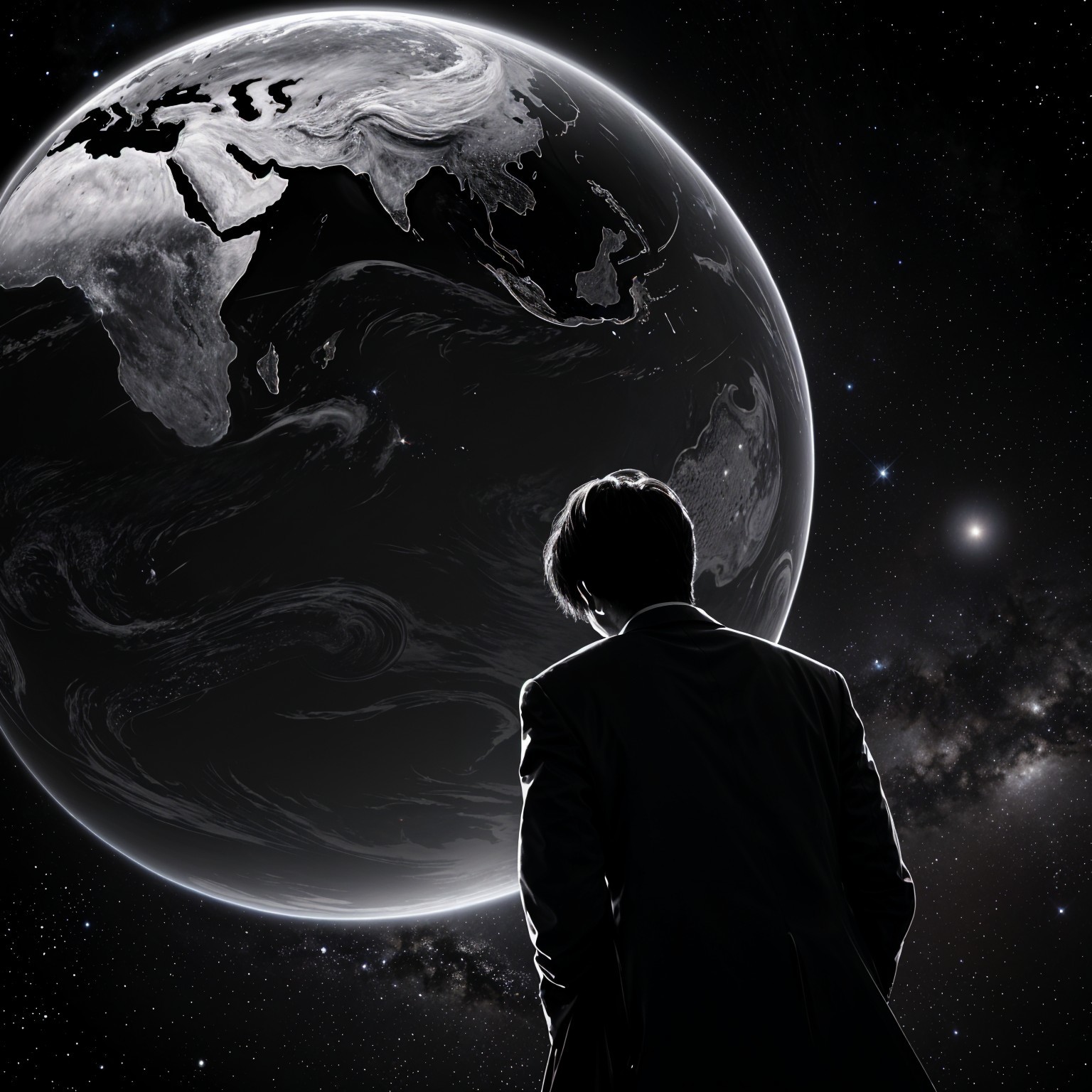 Silhouetted Figure Contemplating Earth in Cosmic Scene